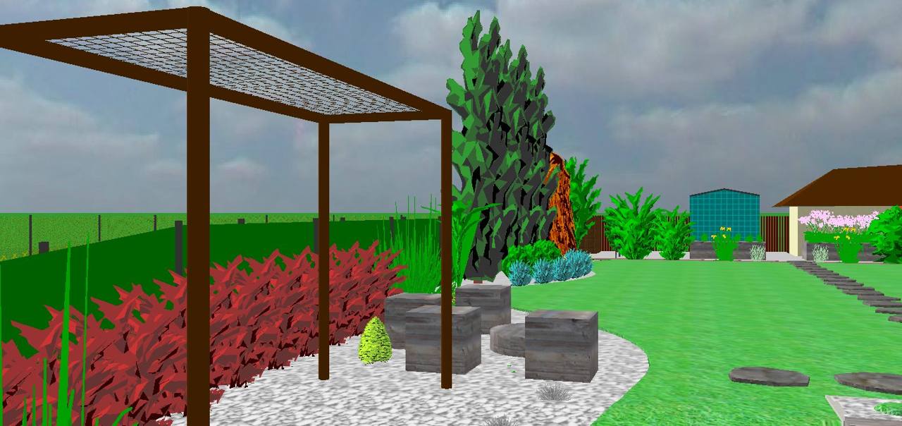 3D štúdia – pohľad od pergoly s posedením