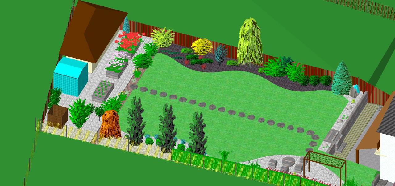 3D štúdia – celkový pohľad na záhradu z nadhľadu