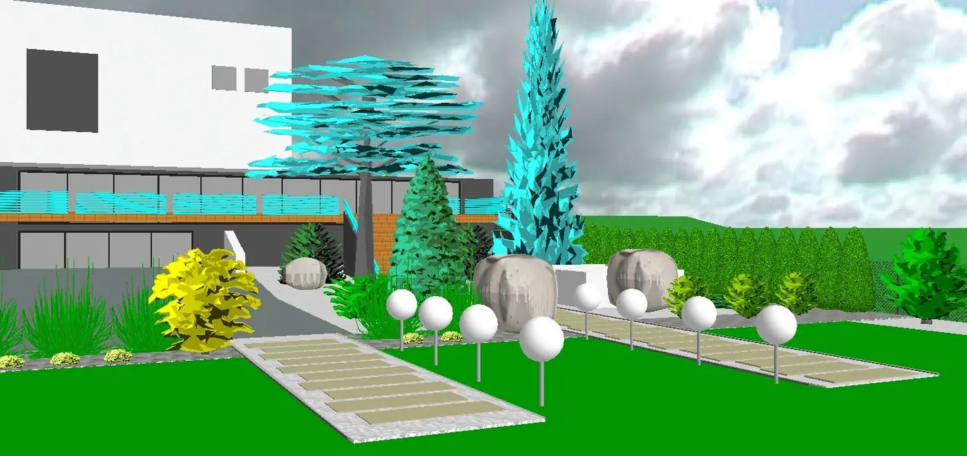3D štúdia – vstup s cédrom a guľovými svietidlami