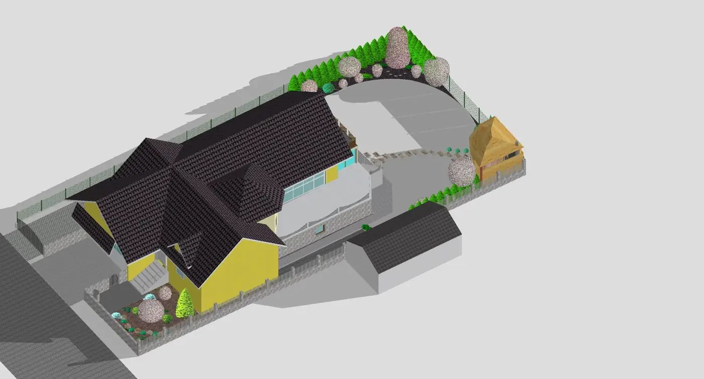 Celkový 3D model domu a pozemku