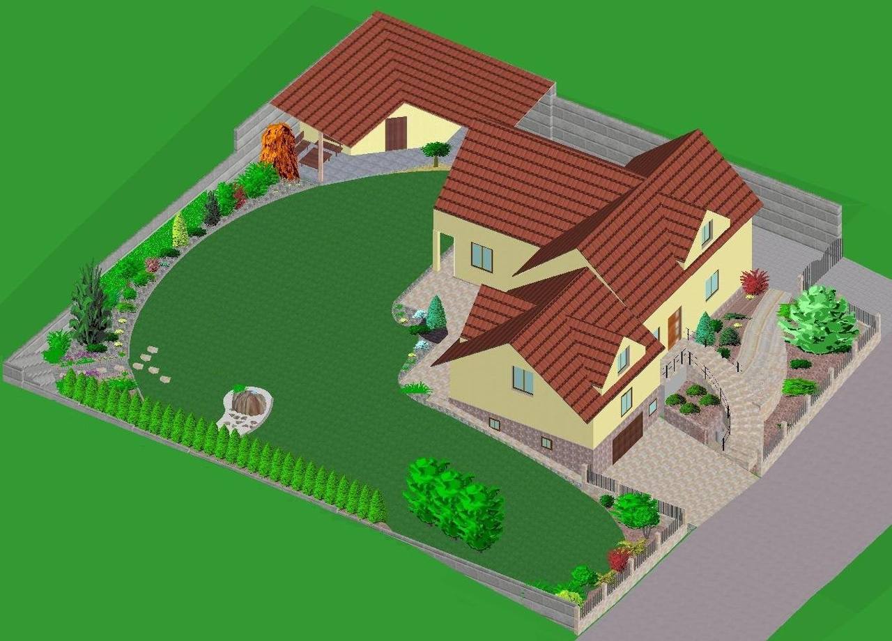 3D štúdia – celkový pohľad na dom a záhradu