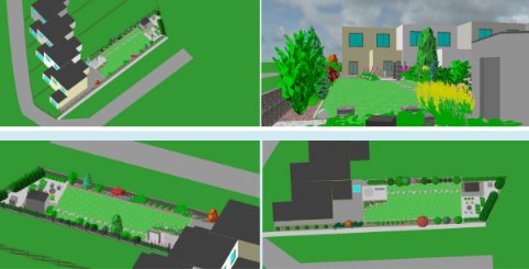 Štyri pohľady 3D štúdie na pozemok z nadhľadu