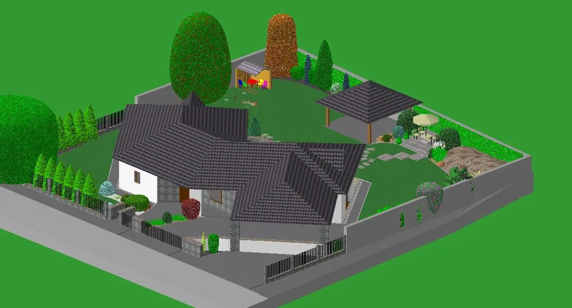 3D štúdia domu a záhrady z nadhľadu